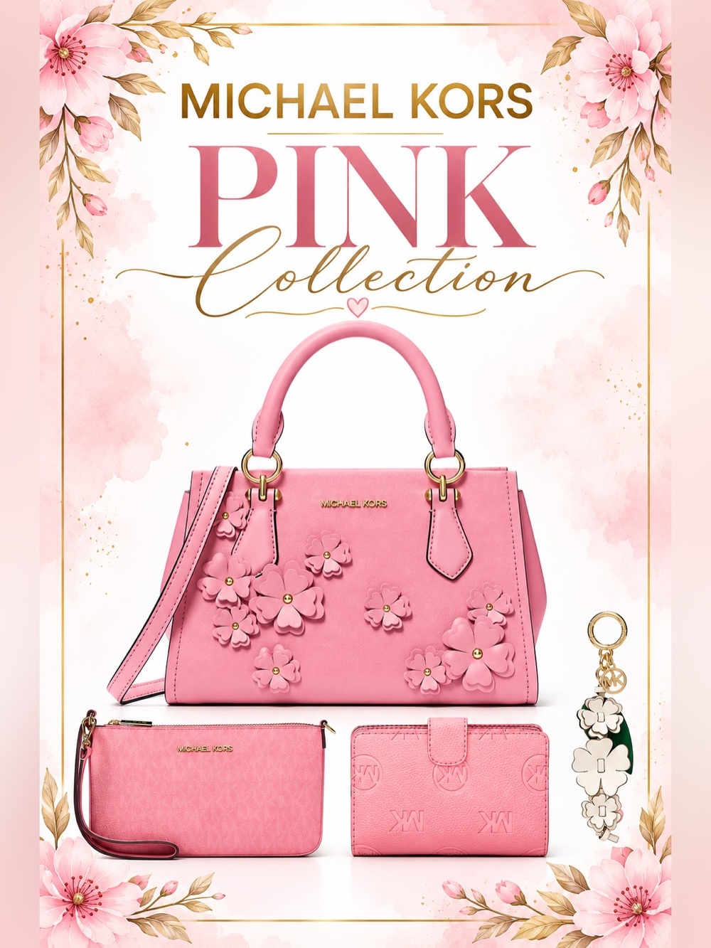 NWT Michael Kors Pink Floral 4-Piece Collection Set – Satchel & Accessories